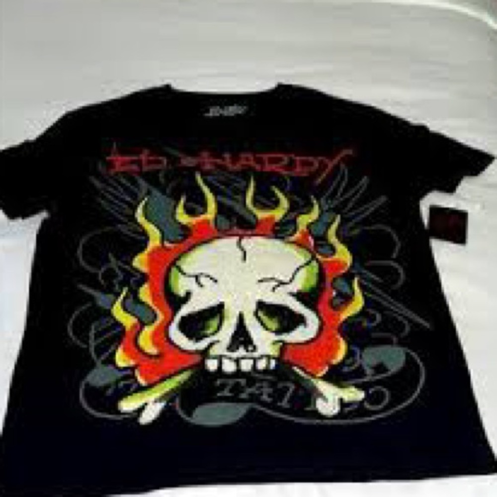 NWT Diamond stud Ed Hardy Black Tee with Skull and Flame Design